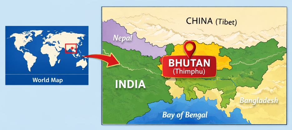 Bhutan location on world map in the Eastern Himalayas between India and China